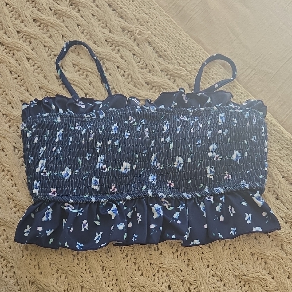 Navy Floral Smocked Ruffle Bikini Top